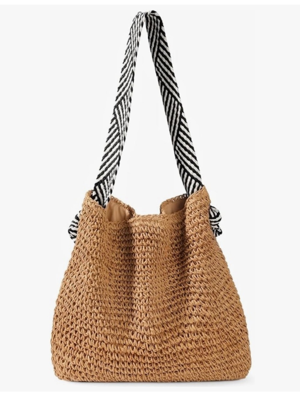 Straw Crochet Tote Bag with Black & White Strap - Casual Summer Beach Bag